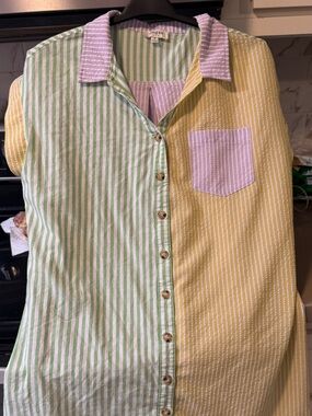 Cotton Striped Colorblock ladies dress  - Green, Yellow & Lilac